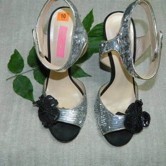 Betsey Johnson Heels Sequins Silver Black Size 10 - Picture 5 of 10